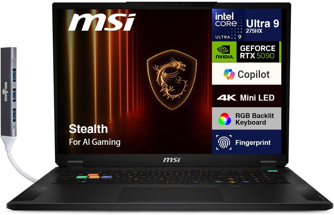 msi Stealth AI Gaming Laptop 18″ 4K (Intel Ultra 9-275HX, GeForce RTX 5090 24GB, 64GB DDR5, 8TB PCIe SSD, Win 11 Pro) w/DKZ USB Port Expander
