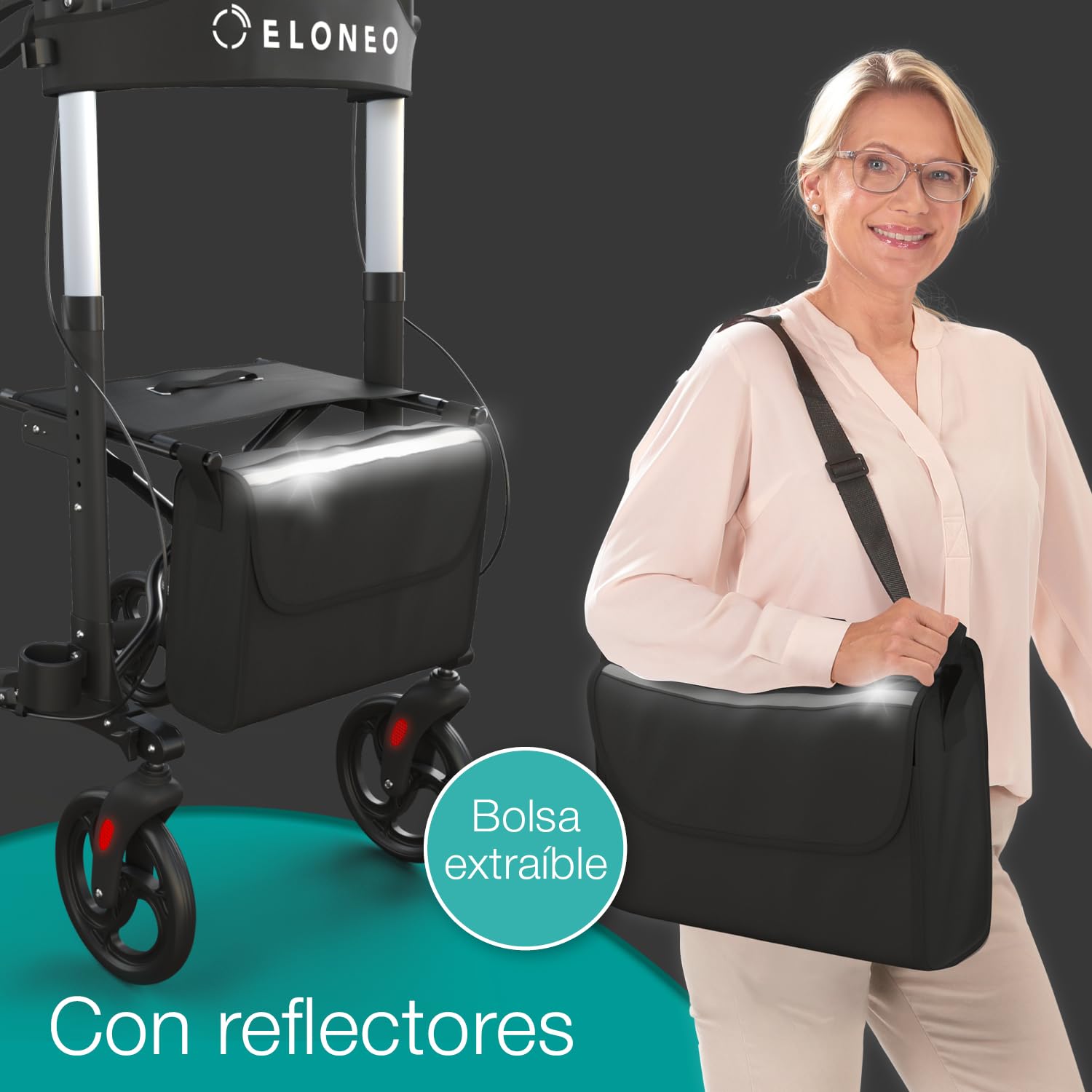 ELONEO Andador para Ancianos con Asiento - Ligero, Compacto y Plegable, Aluminio, 8 Alturas Regulables, Caminador para Mayores con Bolsa y Soporte para Paraguas, Compatible con Coches (Negro)