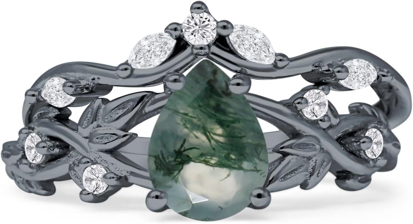 OMRANII Two Piece Pear Teardrop Natural Green Moss Agate Leaf Infinity Twisted Curved Band Bridal Set Vintage Style Wedding Engagement Ring 925 Sterliing Silver