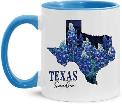 Personalized Texas Coffee Mug, Custom Name Bluebonnet Cup, State Outline Ceramic Mug, Texas Souvenir Cup 11oz 15oz, Customized Bluebonnet Mug, Gift For Travelers, Flower Accent Cup