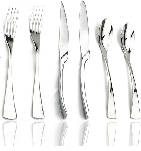 JASHII - Juego de cubiertos de 24 piezas de plata para cubiertos de acero inoxidable 1810, incluye cuchillos, tenedores, cucharas, espejo pulido,