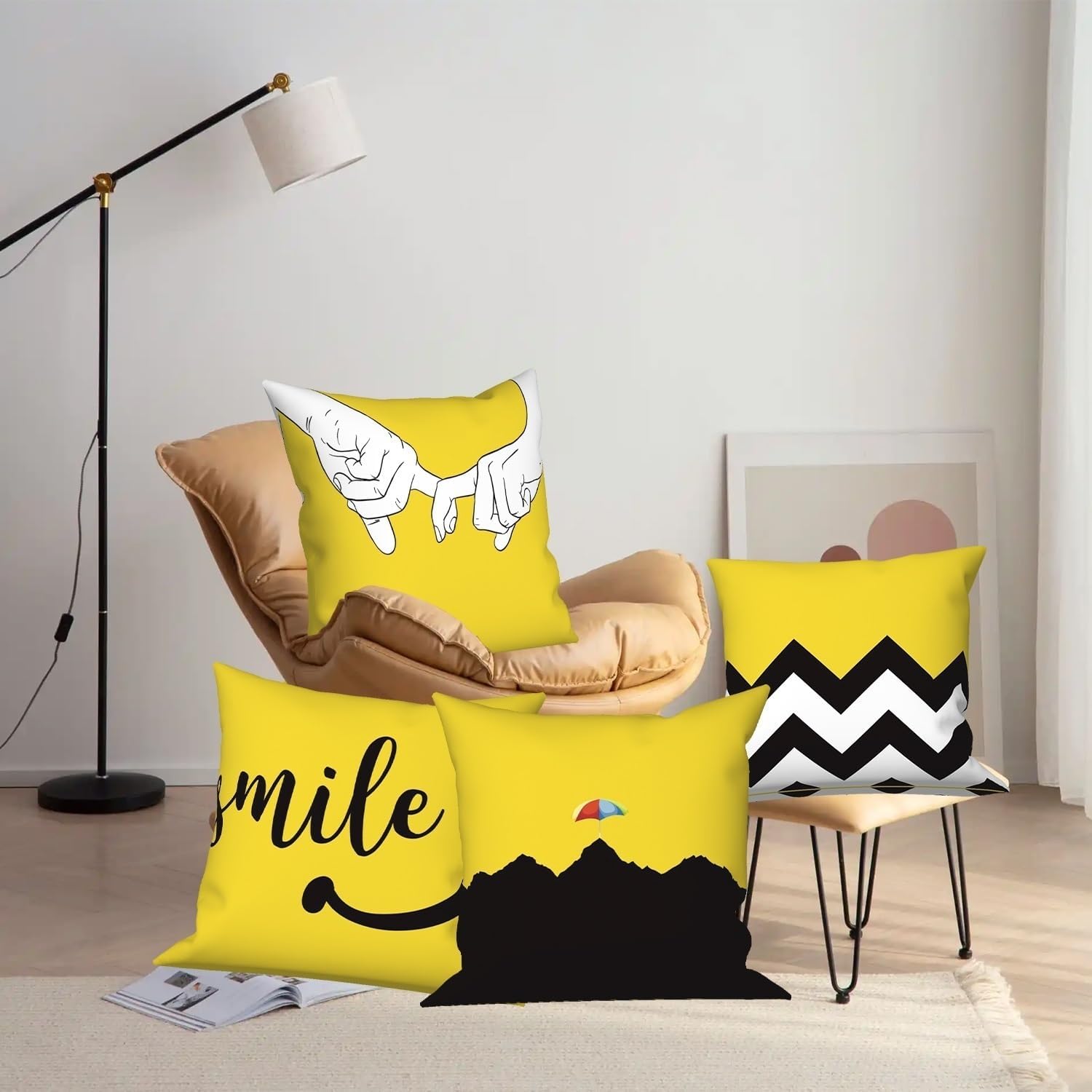 4 Pcs/Set Yellow Pillow Covers Hand in Hand Smile Wave Umbrella Abstract Patterns Geometric Lovers Throw Pillow Cases for Chairs Couch Balcony Bedroom Home Outdoor Car Decoration 20"x20"