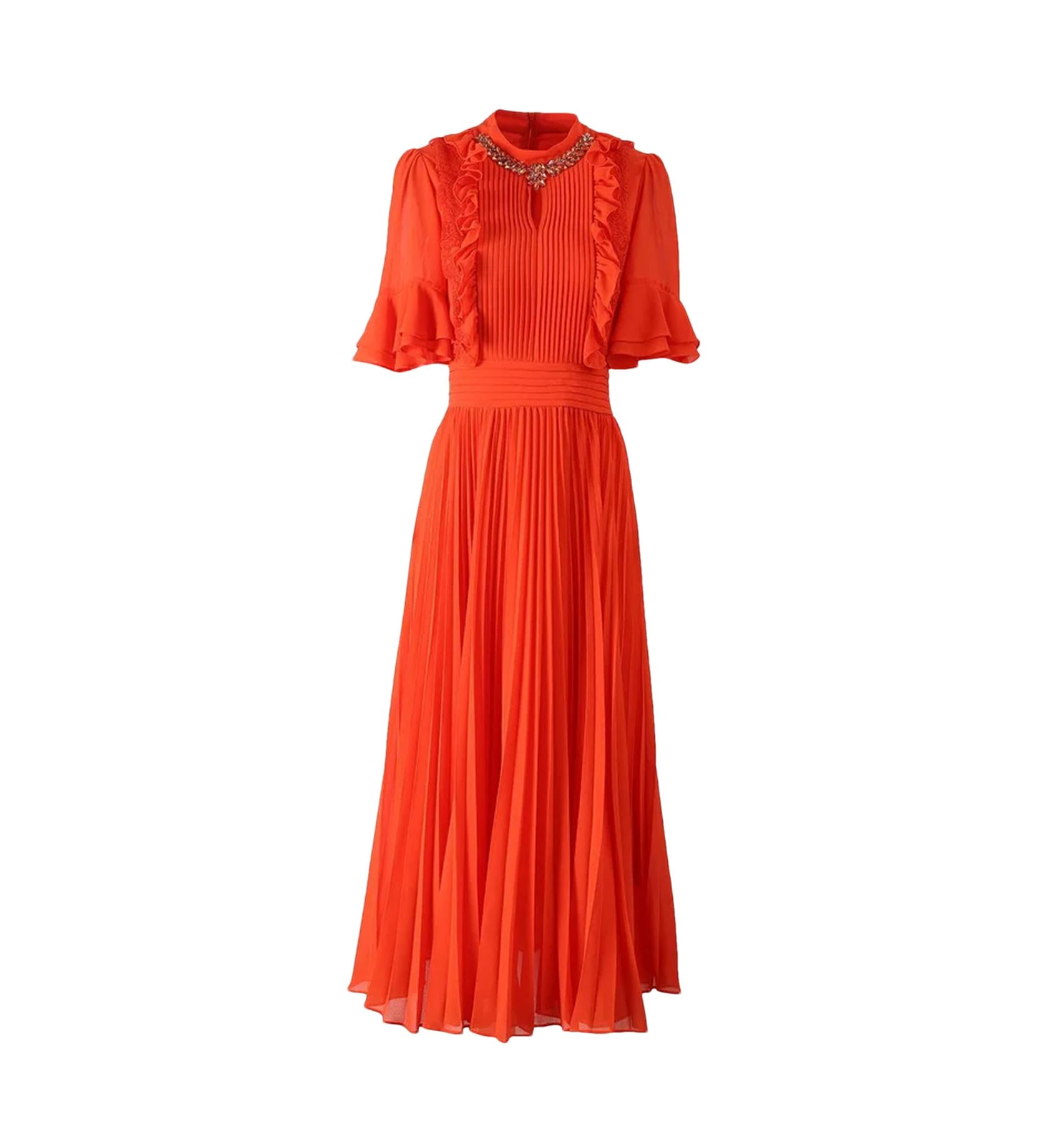 Yeuyyben Elegante abito estivo plissettato lungo maxi chiffon per le donne colletto alla coreana Rinestone manica svasata abito da sera