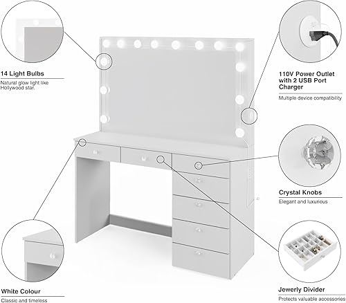 Miniatura 6 de Boahaus Joan - Escritorio de maquillaje con 7 cajones, espejo ancho y 14 bombillas adicionales Joan - Blanco moderno con pomos de cristal para