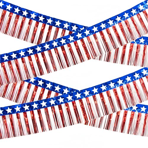 Image of 4th of July Decorations 4 Pack 40Ft Tinsel Foil Fringe Garland Streamers Hanging Red White Blue Fringe Backdrop Banner for Parade Floats Decor 4th of July America Patriotic Day Memorial Day