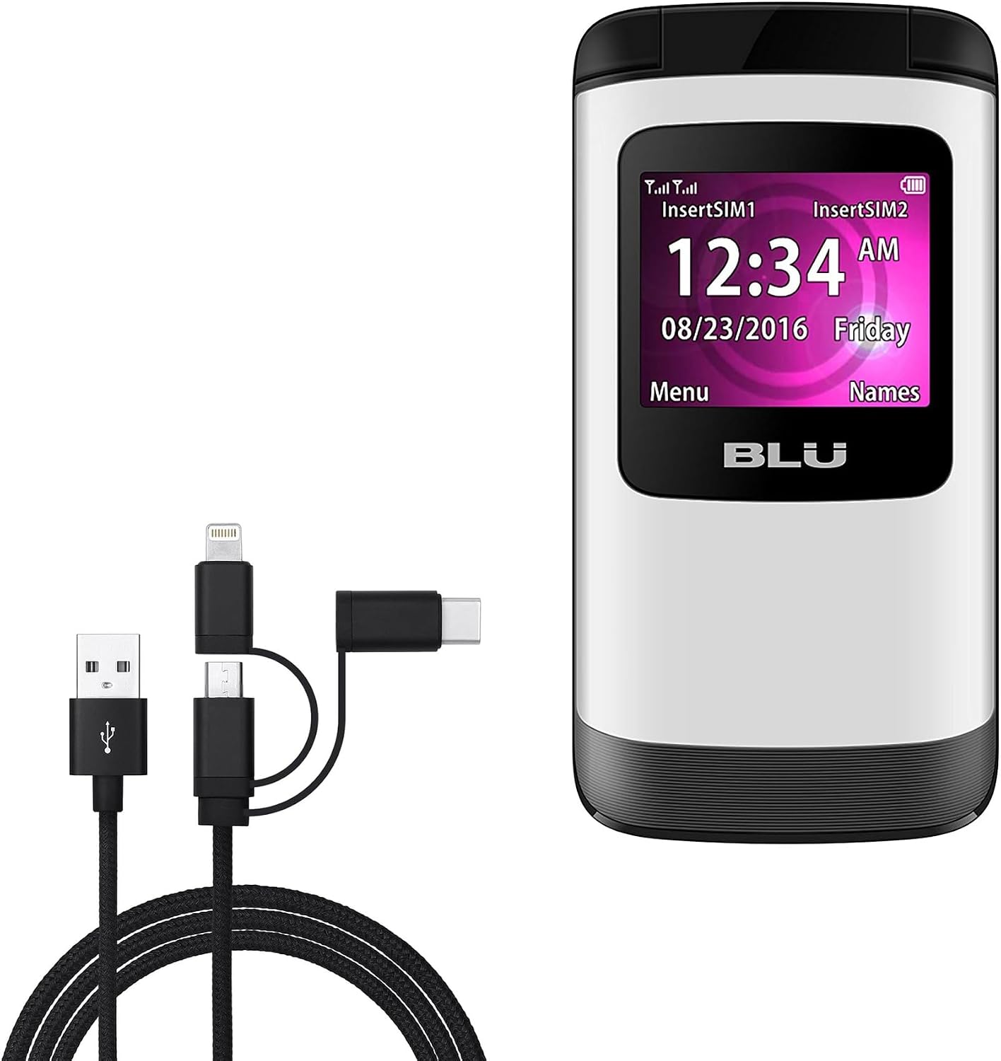 BoxWave Cable Compatible with BLU Zoey Flex - AllCharge 3-in-1 Cable - Jet Black