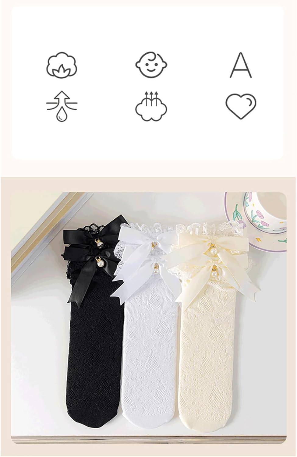 Toddler Socks, 1 Pair Girls Socks Breathable Thin Stackable Under Knee Length Sock Bowknot Pearl Calf Length Sock