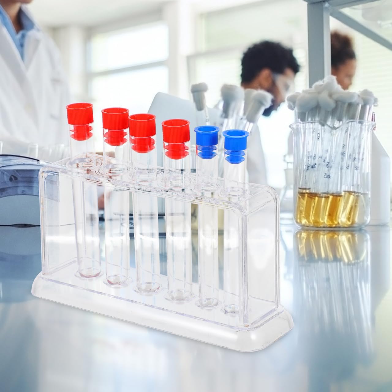 Transparent Plastic Test Tube Stand for Laboratory and Classroom Use Holds Multiple Test Tubes with Random Color Caps