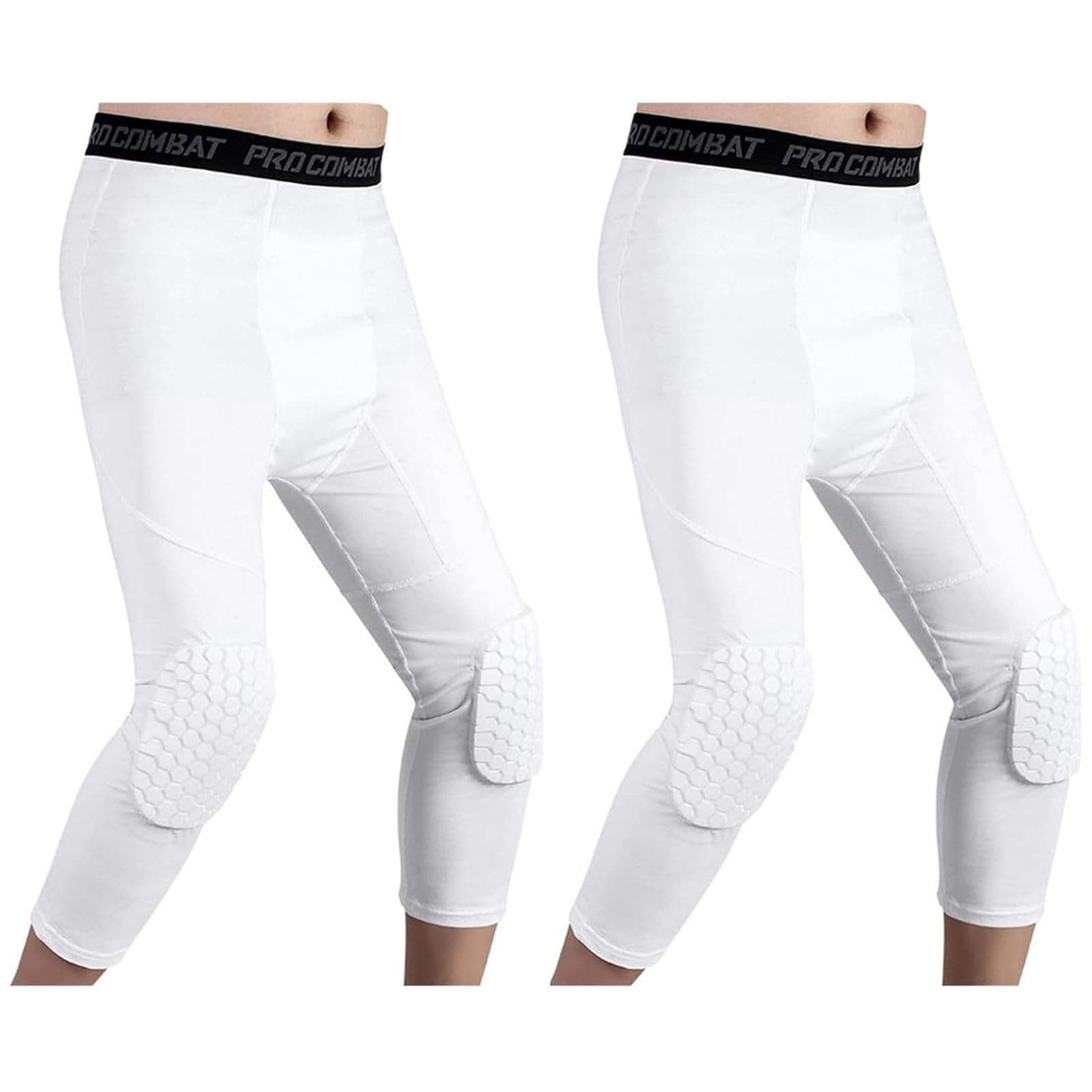 Basketball Trousers with Knee Pads, Knee Pad Compression Trousers, Padded Trousers with Knee Pads, 3/4 Capri Compression Trousers for Basketball, Football, Baseball, White, M