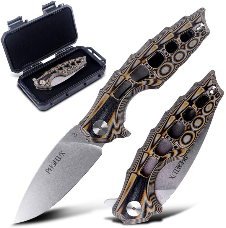 7.51" Pocket Folding Knife- D2 Blade and G10 Handle(Red Feather Pattern) EDC Knife with Pocket Clip, Liner Lock and Waterproof Box, Good for Survival Camping, Outdoor, Hiking, Hunting