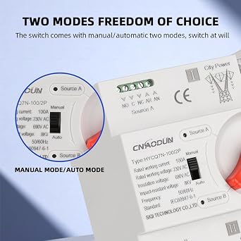 CNAODUN Automatic Transfer Switch ATS 2P 100A 230V Dual Power Electrical Selector Switch Din Rail Type Millisecond Switching