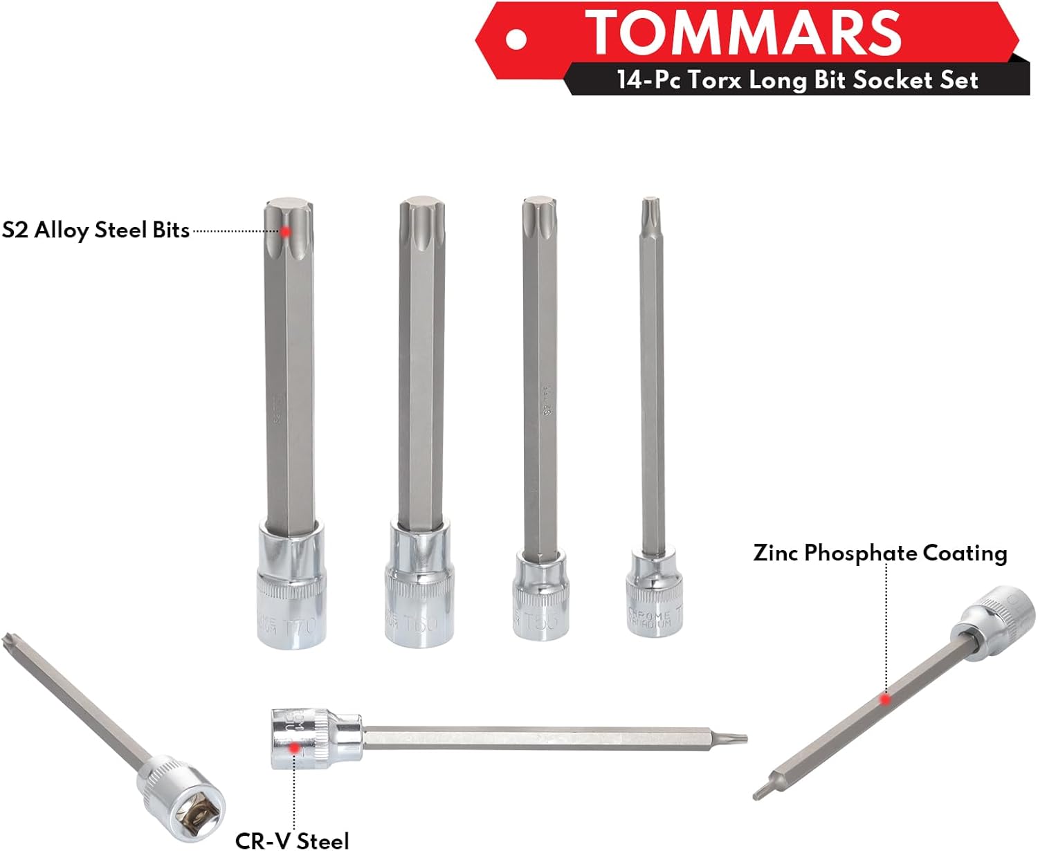 TOMMARS 14-PC Long Torx Bit Socket Set with 3/8" Drive Stubby Ratchet