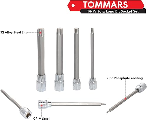 Miniatura 10 de TOMMARS Juego de llaves Torx de 26 piezas, Torx Star a prueba de manipulaciones de puntas de seguridad 14", 38", 12" Drive T Sockets T10-T70 y