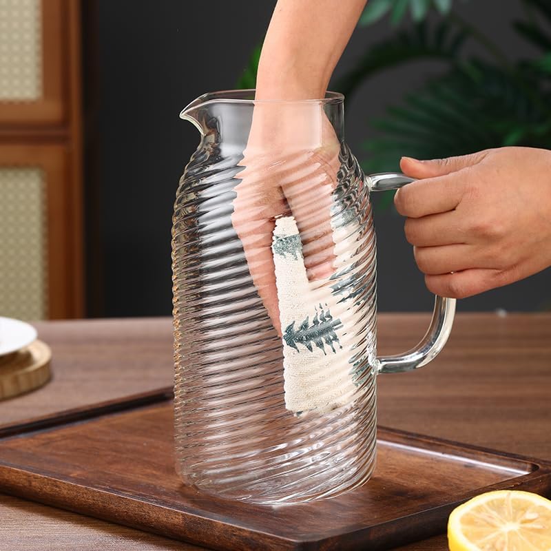 Glass Water Pitcher with Stainless Steel Lid, Ribbed Textured Design, Cold Water Carafe with Handle