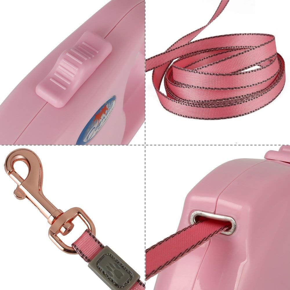 DOGNESS Retractable Dog Leash,One Button Locking System, Suitable for Kids, 10 – 16 ft Waterproof Ribbon Tape, Walking Training Jogging for Small Medium Large Dogs (13 ft/up to 55 lbs, Pink)