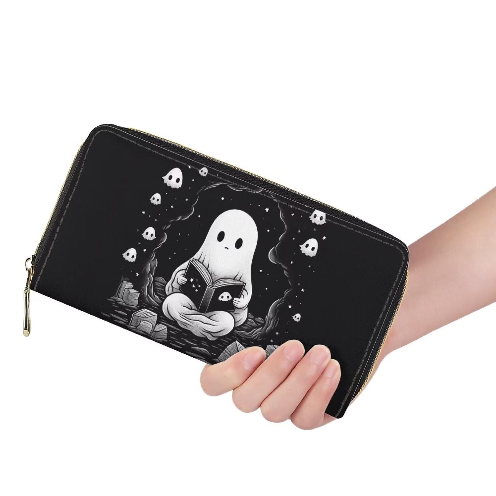 Xhuibop Halloween Cute Ghost Women Wallets Rfid Blocking Teen Girls Holiday Gifts Long Wallet with Zipper Leather Cash Storage Largge Capacity Card Holder Ladies Clutch Purse