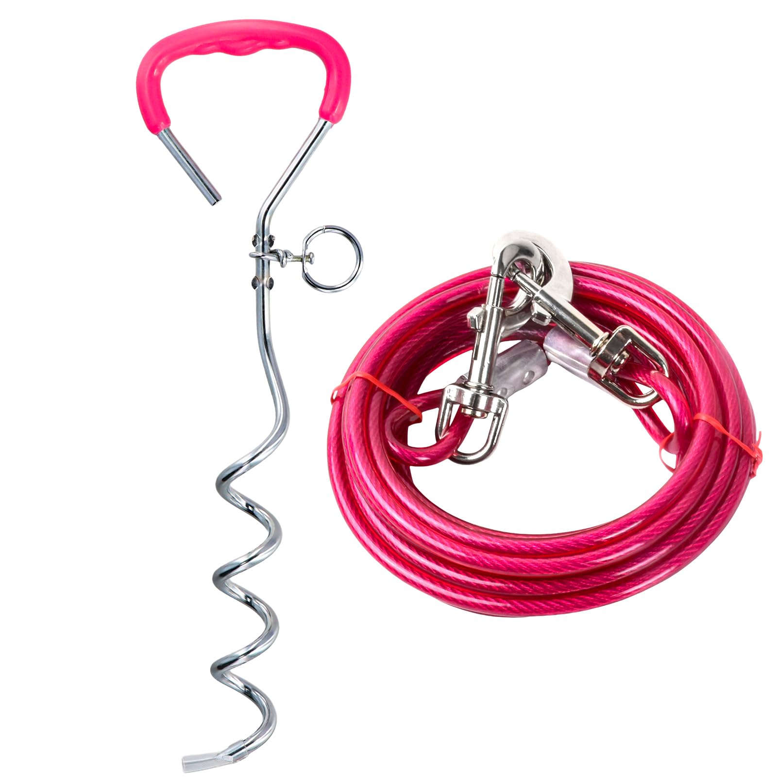 3 m Laisse pour Chien avec 42 cm Ancrage au Sol, 6 mm Câble d'attache Chiens Petite Medium Grande avec Crochet Pivotant, Jusqu'à 250 kg, PVC Coated, Anti-Morsure, Chaîne Chien Extérieur (3m Rose)