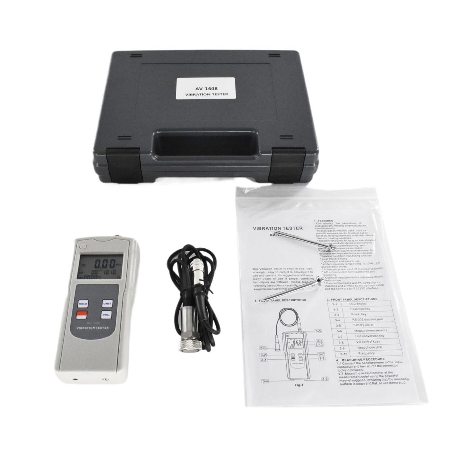 Schwingungsmesser, AV-160B Tragbarer digitaler Vibrationsmesser, Tester, Analysator mit Beschleunigungs-, schwindigkeits- und Verschiebungstester,Schwingungsfrequenzanalysator