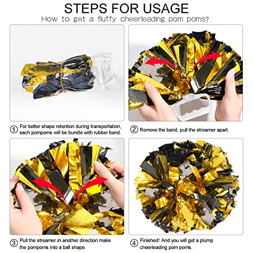 AUHOKY 4 Packs Metallic Cheerleading Cheer Pom Poms, Fluffy Cheerleader Pompoms with Finger-Friendly Ring, Cheering Pom poms for Squad Team Sports Game Dance Dress Party Kids Adults(Black/Gold) - Thumbnail 4