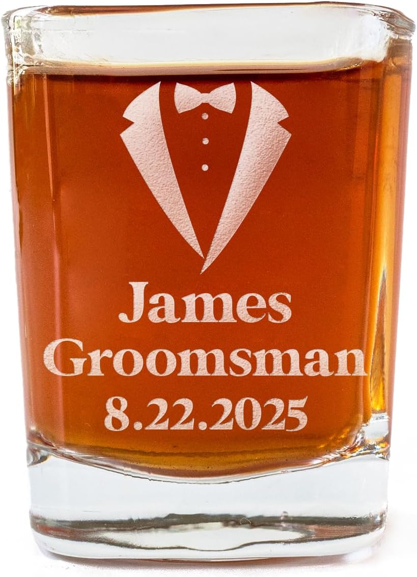 Custom Groomsmen Gifts Shot Glasses - Square Glass Gift for Groomsman Proposal, Best Man, Bachelor Party, or Father of the Bride - Set of 4