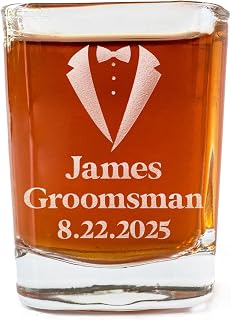 Custom Groomsmen Gifts Shot Glasses - Square Glass Gift for Groomsman Proposal, Best Man, Bachelor Party, or Father of the Bride - Single Glass