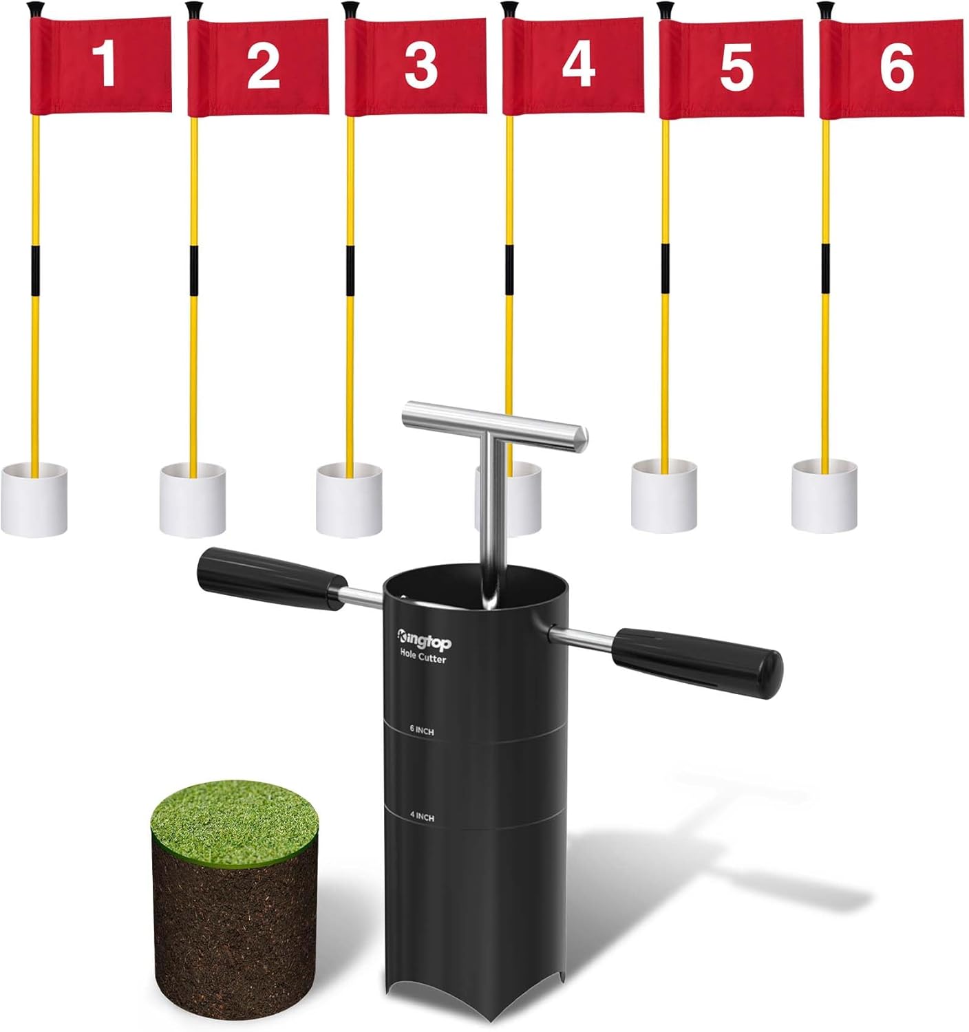 KINGTOP Portable Golf Hole Cutter and 3ft Golf Flagstick Bundle – Carbon Steel Blade for Easy Digging, 2-Section Ball Retrieving Flagstick for Backyard Practice Putting Green