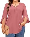 Aodemo Womens Plus Size Tops 3/4 Sleeve Dressy Chiffon Blouse Summer Work Tunic Casual Flowy Shirt M-5XL