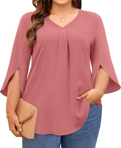 Aodemo Womens Plus Size Tops 3/4 Sleeve Dressy Chiffon Blouse Summer Work Tunic Casual Flowy Shirt M-5XL