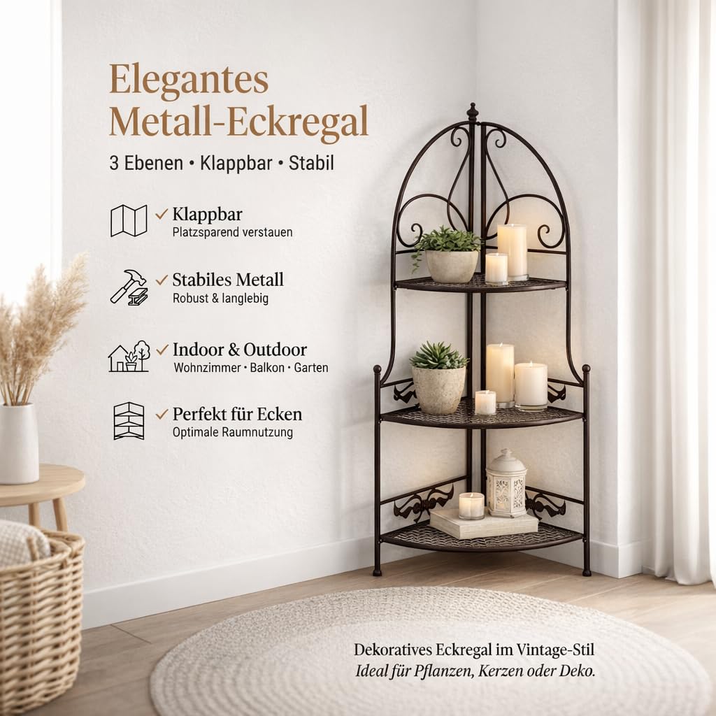 PrimoLiving Metall Garten Regal - Pflanzen Blumen Eckregal aus Metall - Pflanzenregal Garten und Balkon - Blumenbank für draußen - im Vintage Antik-Look, 114cm hoch, braun, P-08508