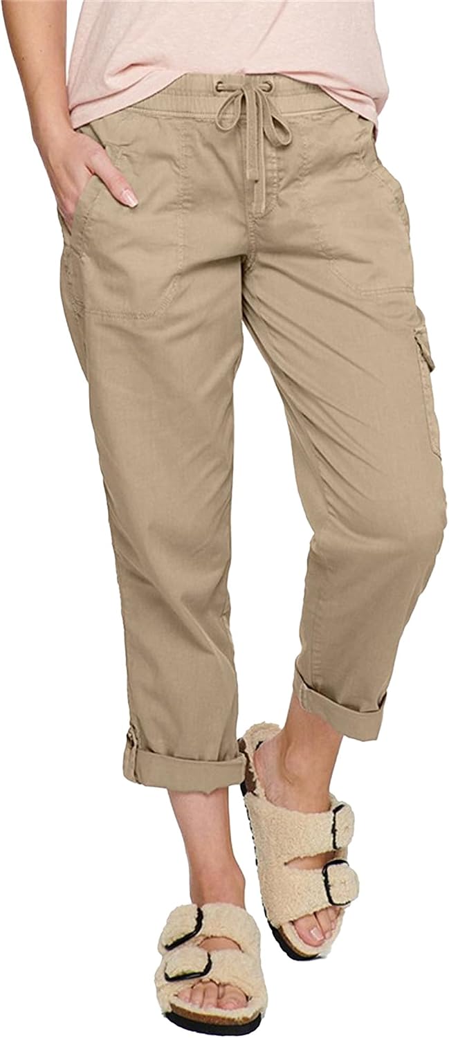 Womens Roll Hem Cargo Trousers Multi-Pocket Elastic Waist Drawstring Slacks Solid Color Casual Cotton Pants