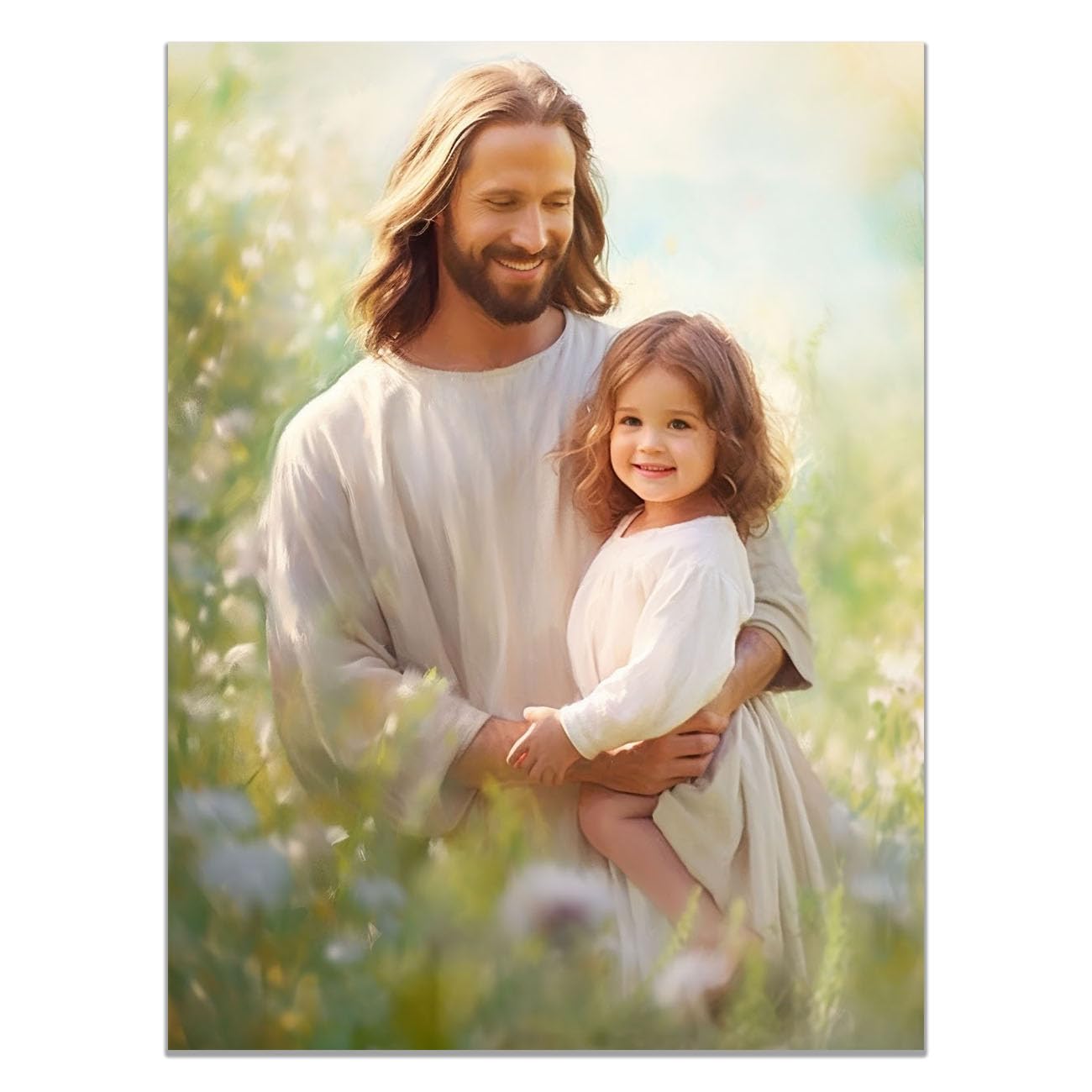 QUSAAOU Jesus Canvas Wall Art Jesus and a Beautiful Girl Christian Religious Prints Painting for Bedroom Living Room Bedroom Hallway Home Decoration(green)-80x120cm Unframed
