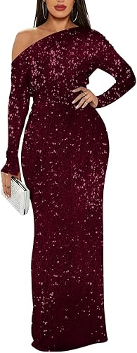 Long Sleeve Sequin Prom Dress Mermaid One Shoulder Floor Length Formal Evening Party Gown