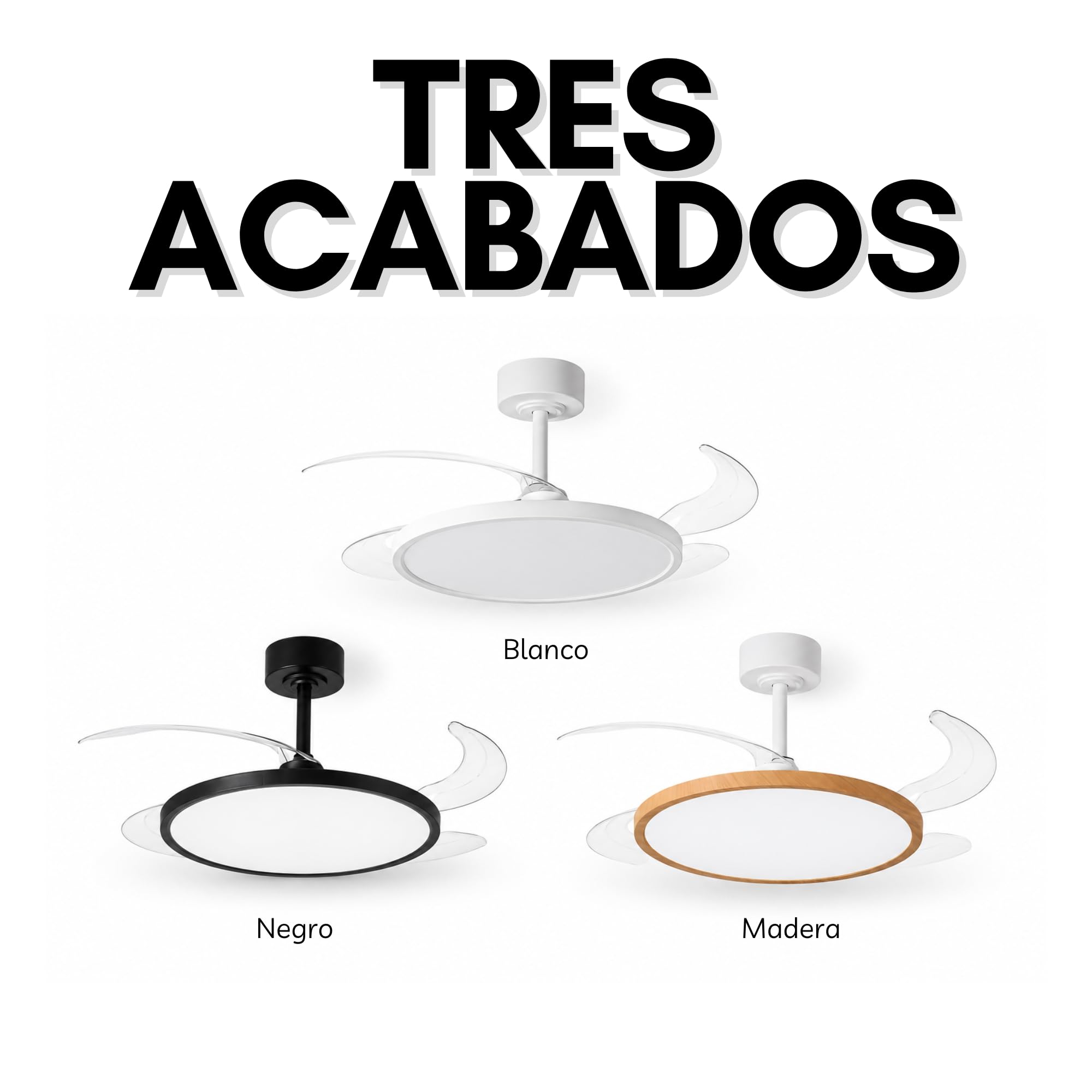 Ventilador de Techo LED Blanco con Aspas Retráctiles 36W Ultrafino, Motor DC Silencioso 26dB, 3CCT: 3000-4000-6000K, 6 Velocidades, Función verano e invierno, Mando a distancia