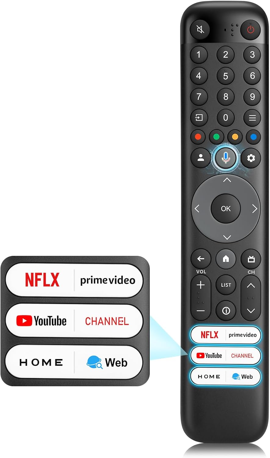 LOUTOC remote control highlighting the dedicated shortcut buttons for Netflix, Prime Video, YouTube, Channel, Home, and Web.