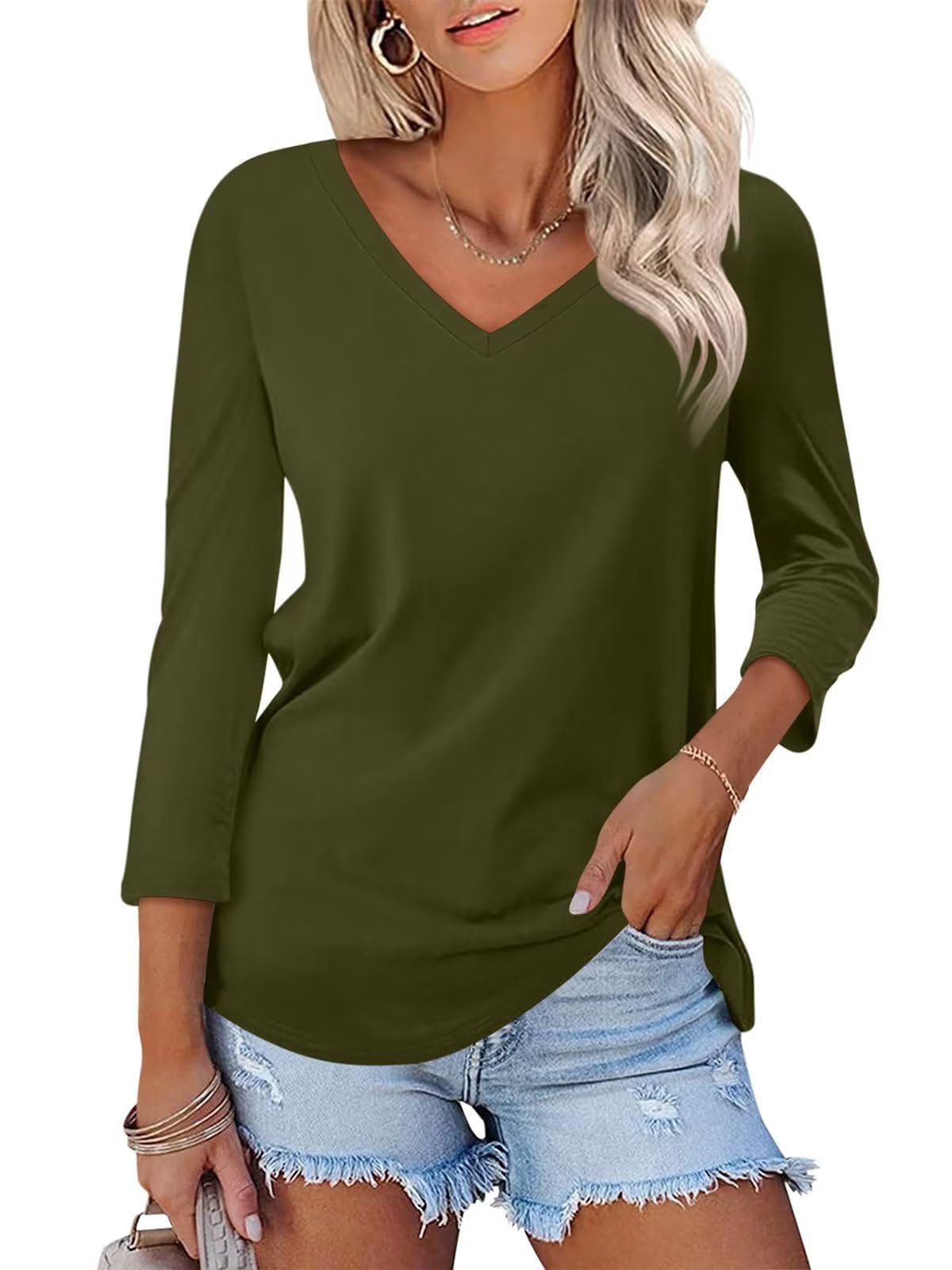 BLMFAION Womens Plain Soft V Neck 3/4 Sleeve T Shirt Casual Basic Tunic Tops