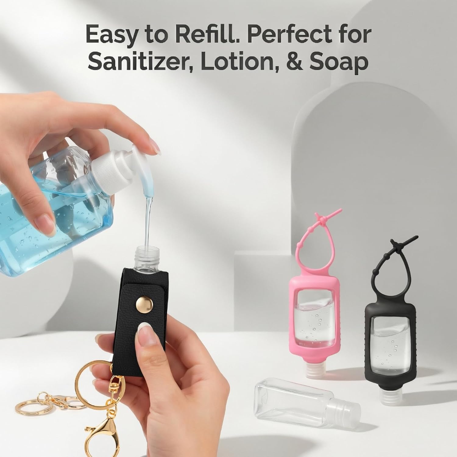 4 PCS Hand Sanitizer Holder Keychain, 2 Oz Refillable Empty Travel Squeeze Bottles for Lotion Liquid, Travel Essentials for Backpack (Black, Pink)