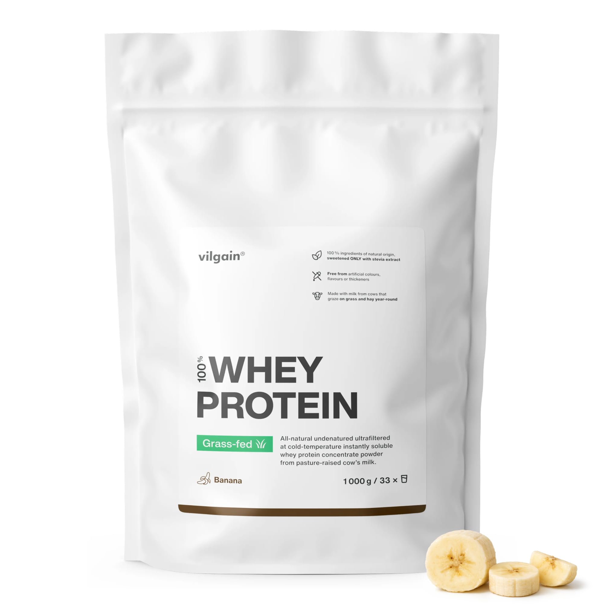 Vilgain Grass-Fed Whey Protein Powder Banana 1000g | 22.6g Protein per Serving | British Sourced | Naturally Sweetened with Stevia