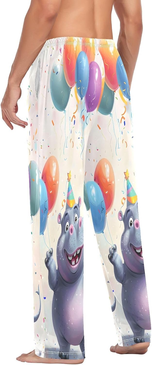 ALAZA Hippo and Balloons Men's Pajama Pants Men Cotton Pajama Bottoms with Pockets, S