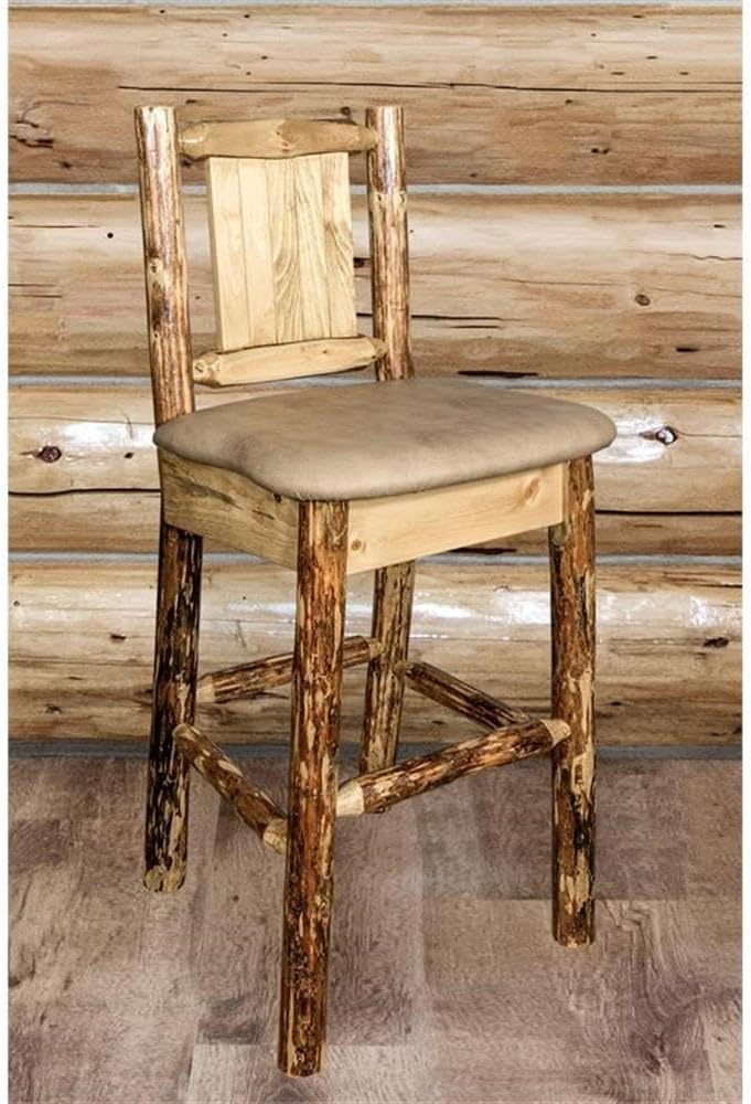 Montana Wooodworks Glacier Country Collection Barstool with Back, Buckskin Upholstery, with Laser Engraved Wolf Design