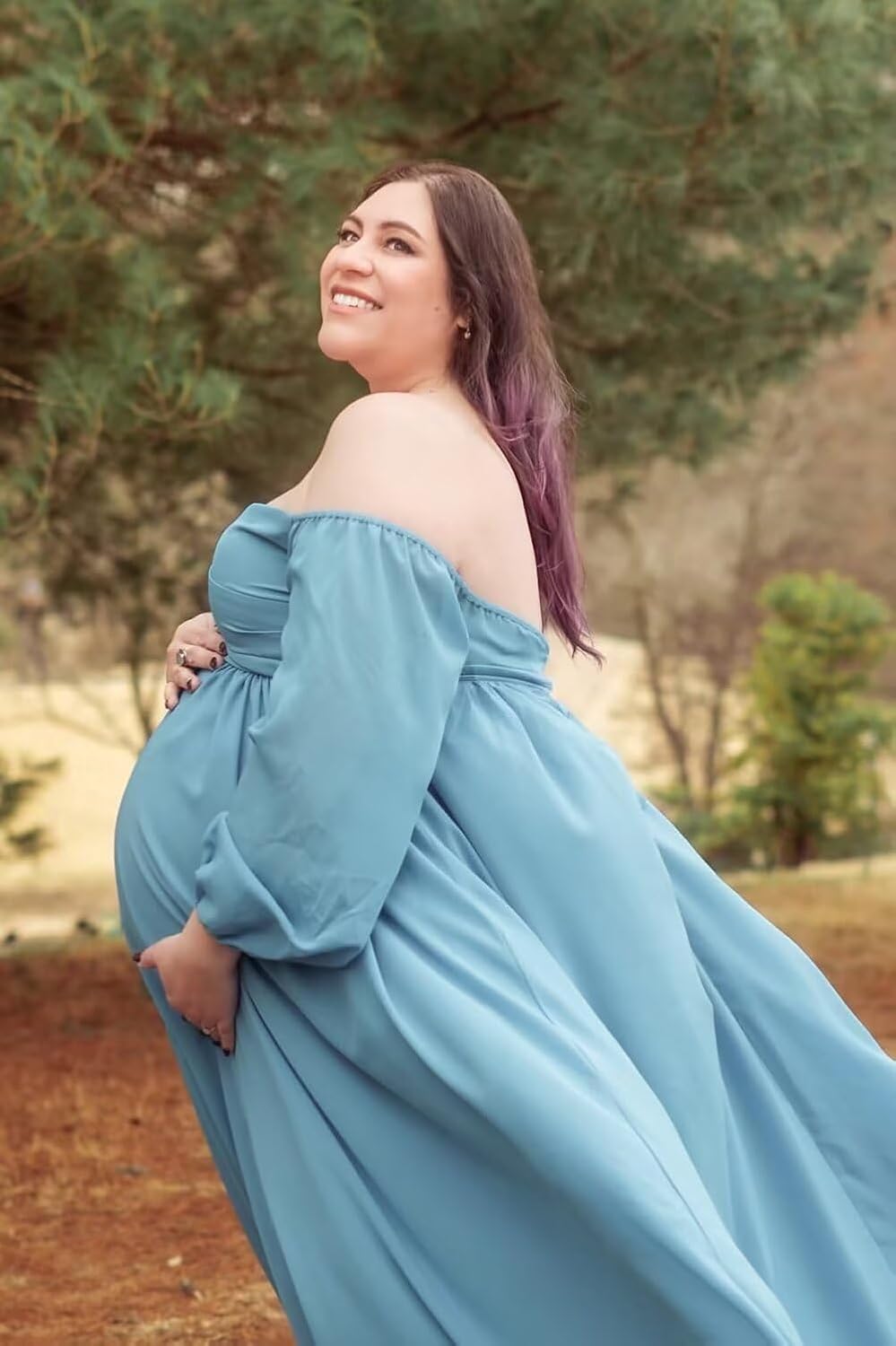 Eightale Chiffon Maternity Dress for Baby Shower Off Shoulder Long Sleeve Maxi Pregnancy Gowns for Photoshoot