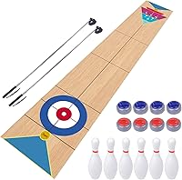 WodGod 3-in-1 Shuffleboard Curling Bowling Game Set with 11.8ft Mat, 2 Cues, 8 Rocks, 6 Pins - Portable Family Fun