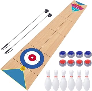 WodGod 3-in-1 Shuffleboard Curling Bowling Game Set with 11.8ft Mat, 2 Cues, 8 Rocks, 6 Pins - Portable Family Fun