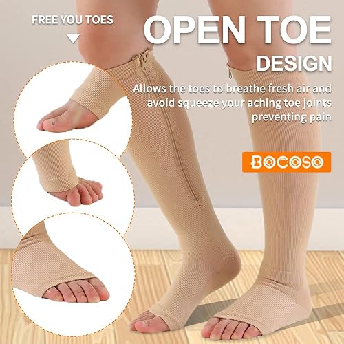 Miniatura 4 de 2 pares de calcetines de compresión con cremallera médica de 15-20 mmHg con punta abierta para mujeres y hombres, medias de compresión hasta la