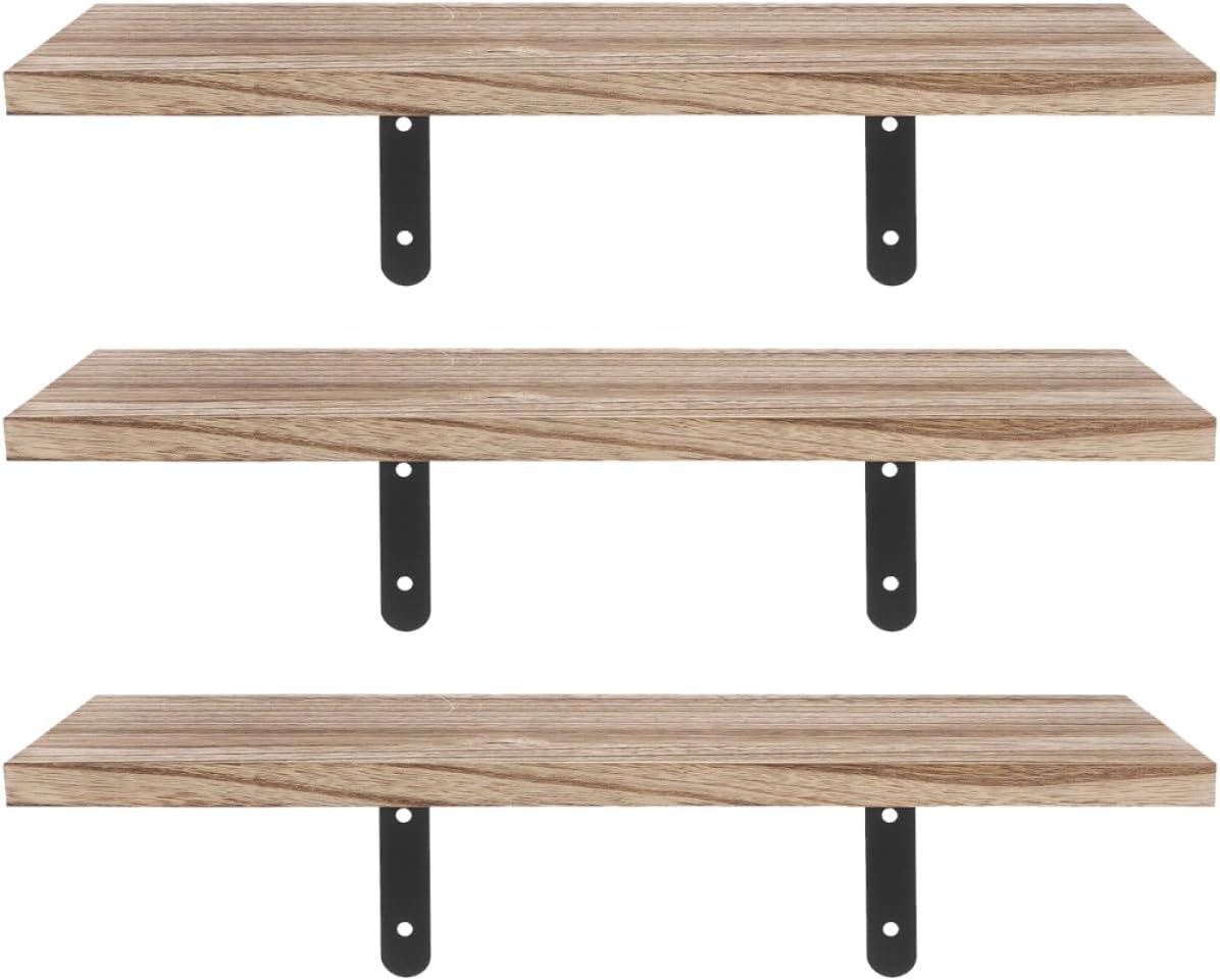 TOYANDONA Wood Floating Wall Mounted Shelves 3pcs Set, Solid Paulownia Wood with Iron Brackets, Kitchen Bathroom Storage Shelving for Living Room Bedroom