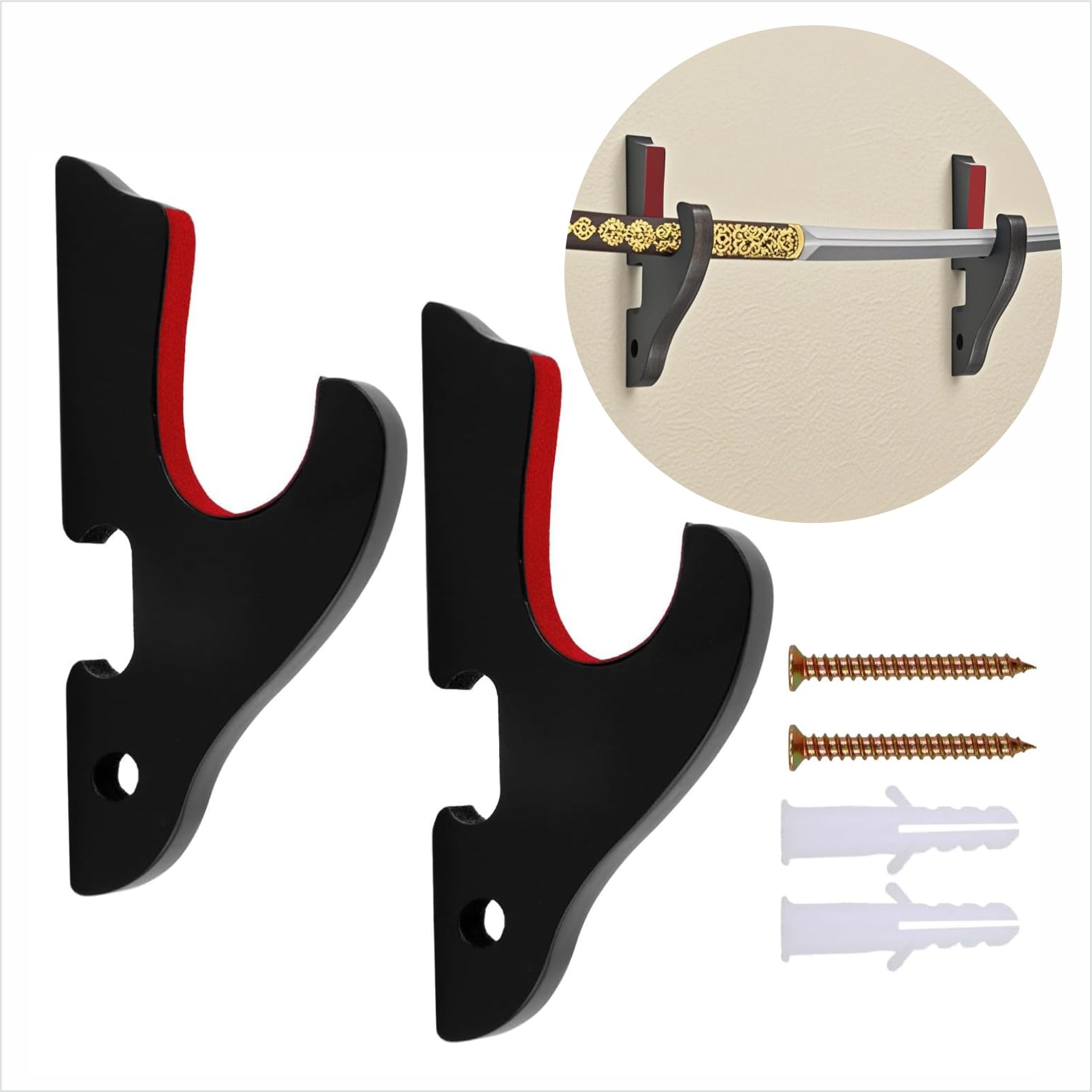 Hotopink Black Sword Wall Mount Display, 1-Tier Padded Hook Katana Adjustable Display Holder For All Samurai Sword Light Saber Cosplay Blade Demon Slayer Weapon Rack