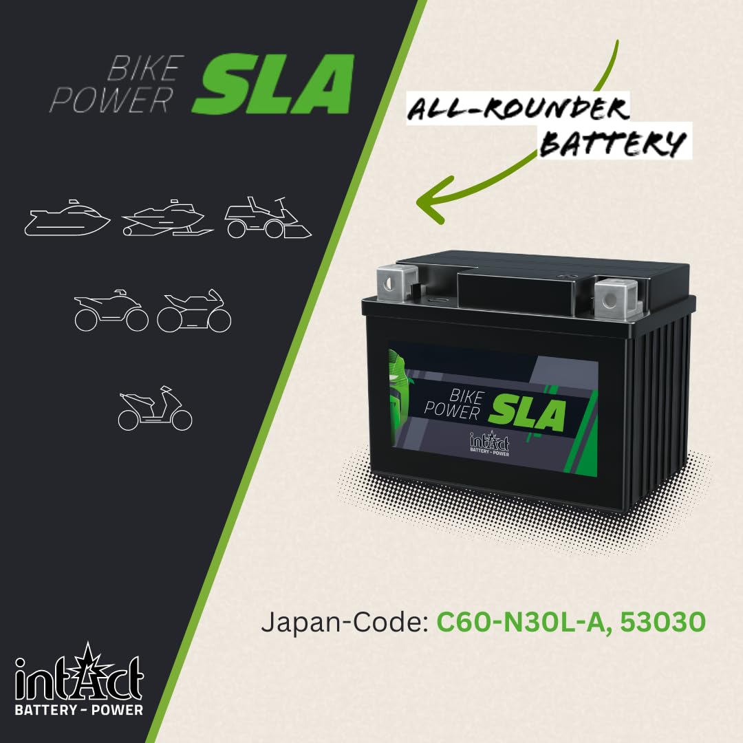 intAct - AGM MOTORRADBATTERIE | Batterie für Motorrad, Quad, Rasentraktor. Wartungsfreier & auslaufsicherer Akku | SLA53030, C60-N30L-A, 12V Batterie, 30 AH (c20), 300 A (EN) | Maße: 178x124x166mm