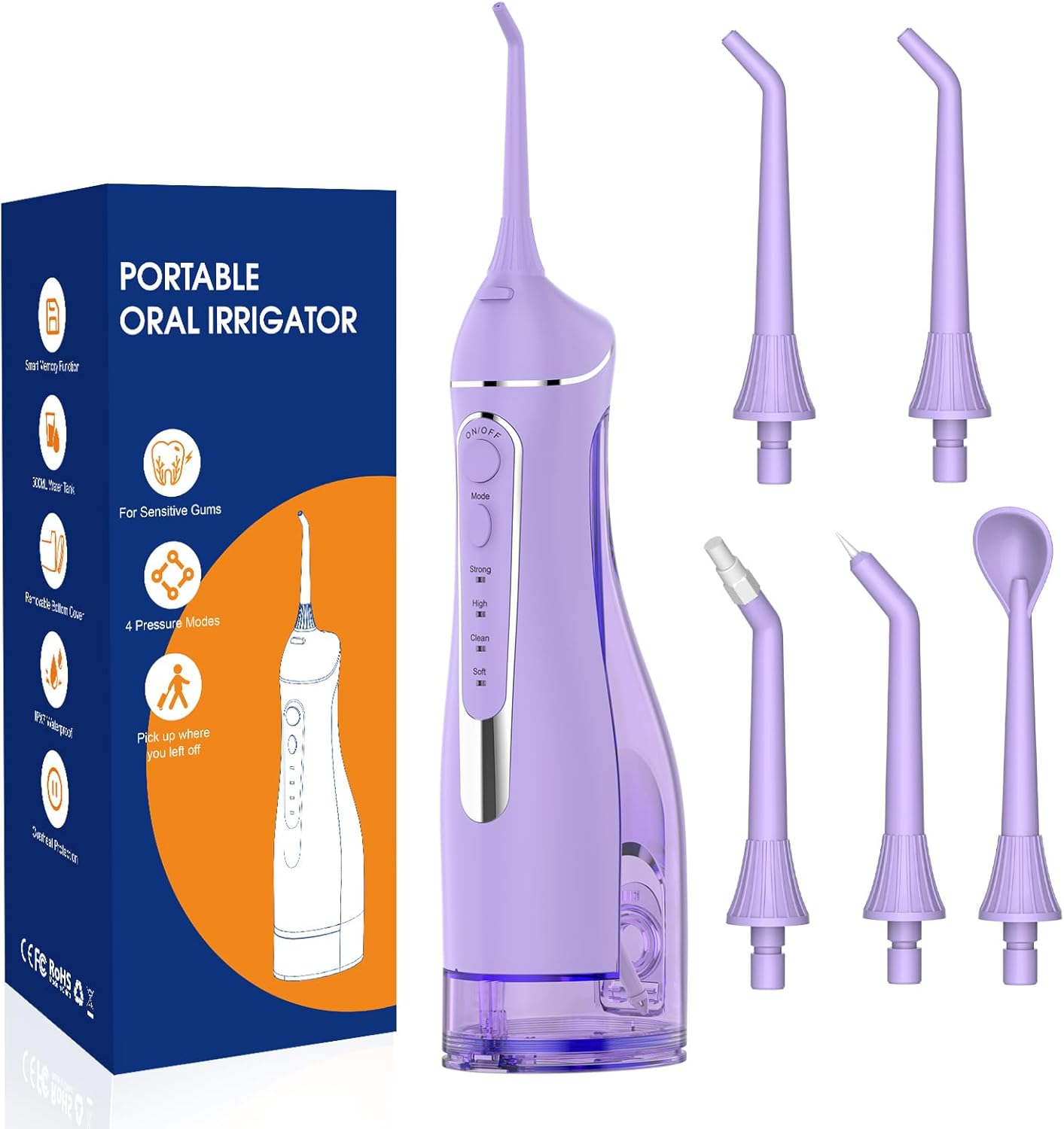 Ariflow Portable Water Flosser: Cordless Oral Irrigator with 4 Modes, 5 Jet Tips, IPX7 Waterproof, 300ml Tank for Braces & Sensitive Gums