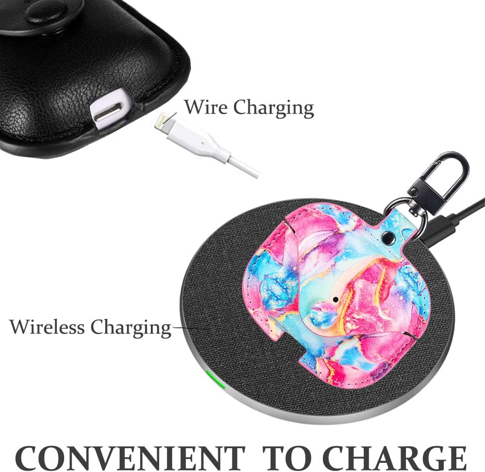 Genuine Leather Case Compatible with AirPods Pro Case 2nd/1st Gen (2023/2022/2019), VOMA Protective Cover for Apple AirPods Pro 2/Pro Wireless Charging Case with Keychain and Snap Lock Colorful Marble image 4