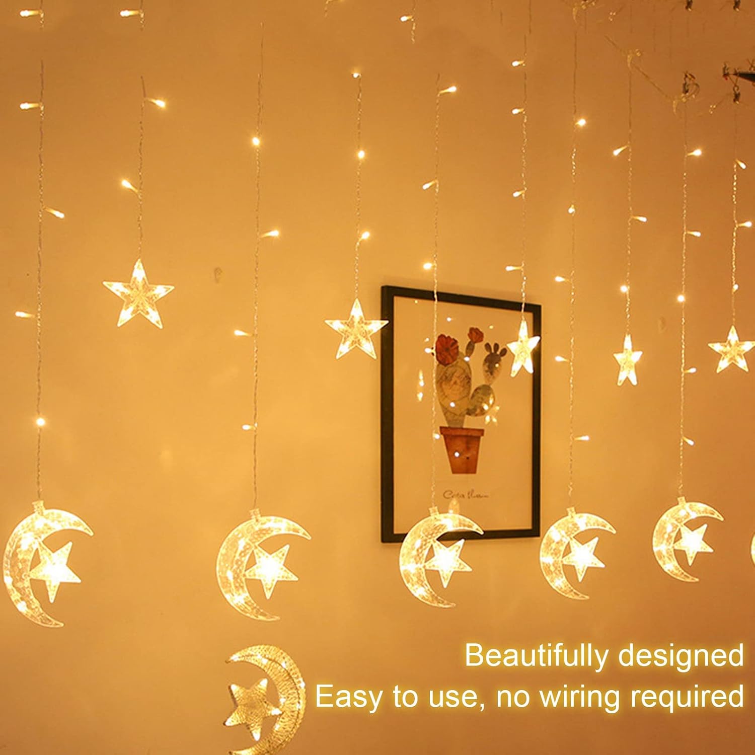 Gavigain Star Moon String Lights, 10ft 126 LED Ramadan String Lights Twinkle Star Moon Fairy Lights for Starry Night, Wedding, Party, Bedroom