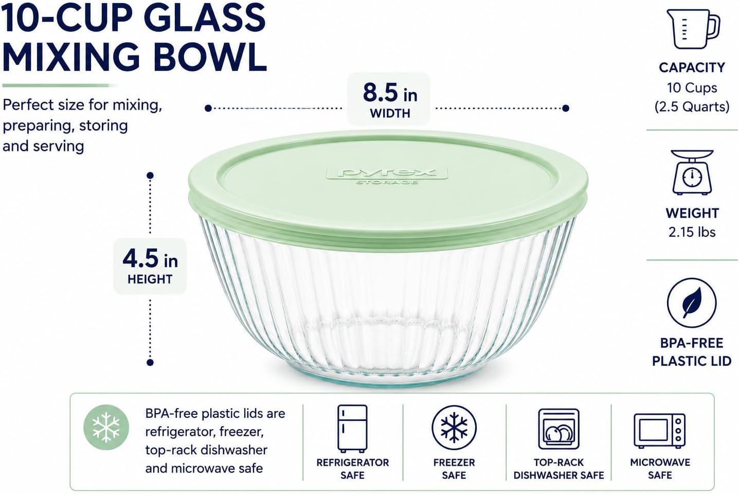 Pyrex 7403 10-Cup Sculpted Bowl & 7403-PC Sage Green Lid - Made in USA